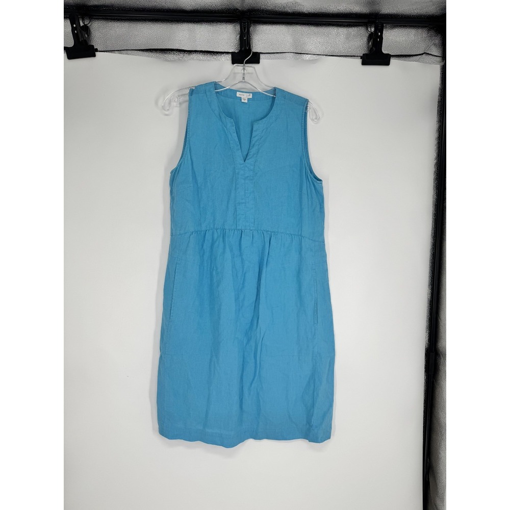J Jill Love 100% Linen Shift Dress Womens Small Blue Sleeveless V Neck Pullover